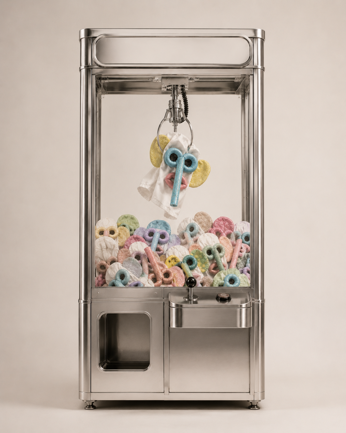 A claw machine filled with knitted carnival masks.